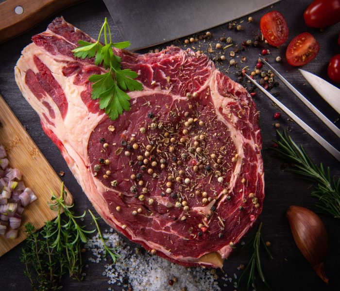 Raw T Bone steak Entrecote prepared to Grill, Entrecote, on turntable, France